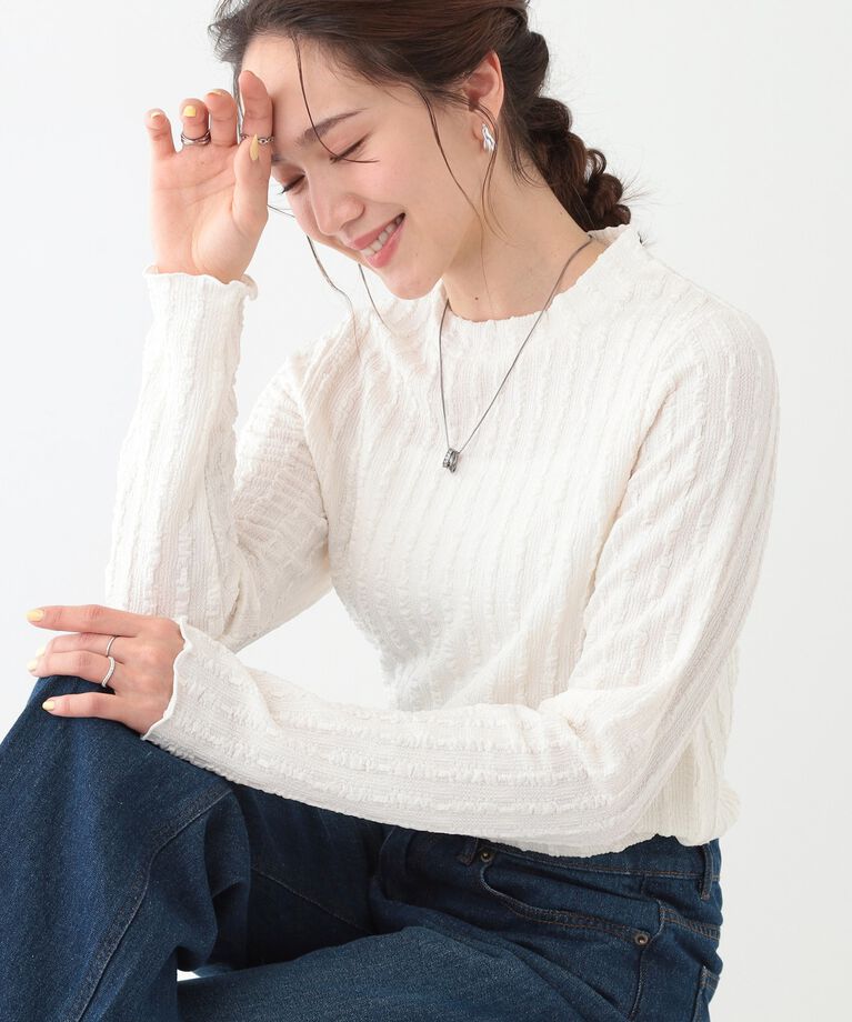 SHOO･LA･RUE「【S-LL】一枚でもインナーでも ふくれジャカード プチハイネックトップス」|Tシャツ・カットソー|オフホワイト(003