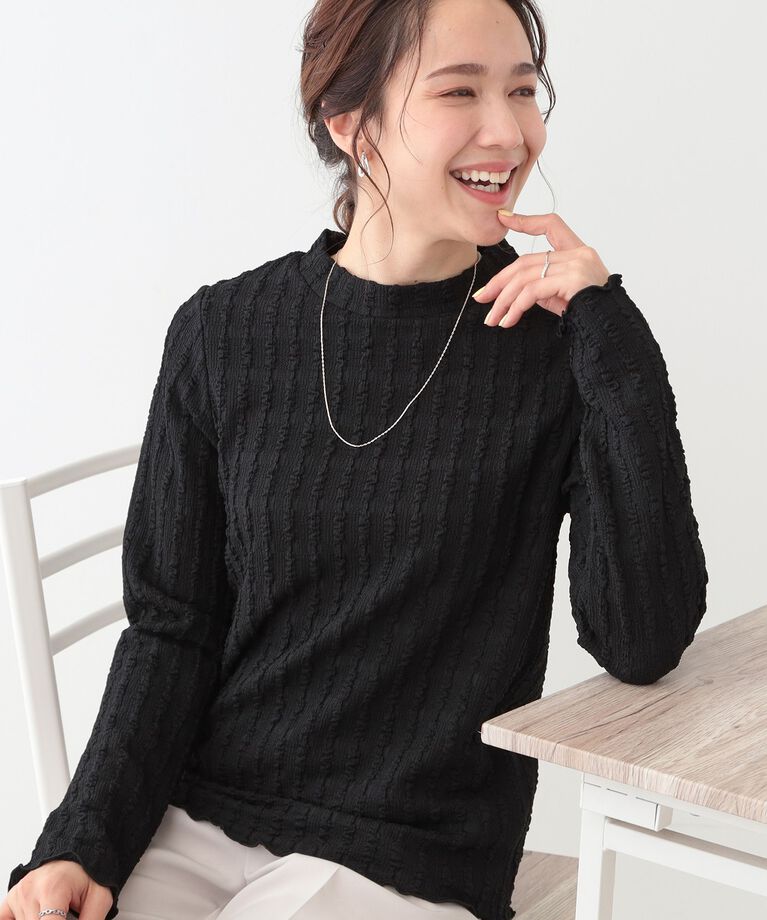 SHOO･LA･RUE「【S-LL】一枚でもインナーでも ふくれジャカード プチハイネックトップス」|Tシャツ・カットソー|ブラック(019)