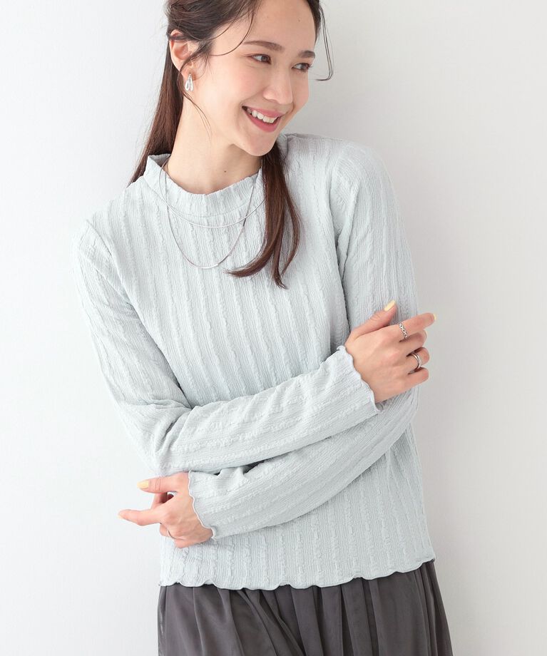 SHOO･LA･RUE「【S-LL】一枚でもインナーでも ふくれジャカード プチハイネックトップス」|Tシャツ・カットソー|ブルー(091)