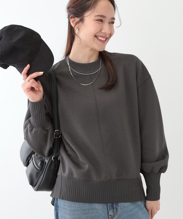 SHOO･LA･RUE「【洗える/S-LL】長めのリブでお袖すっきり 異素材トップス」|Tシャツ・カットソー|チャコールグレー(0