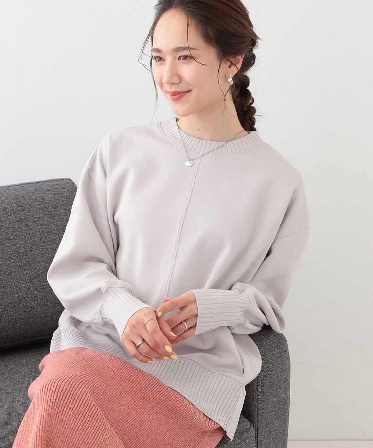 SHOO･LA･RUE「【洗える/S-LL】長めのリブでお袖すっきり 異素材トップス」|Tシャツ・カットソー|グレージュ(050)