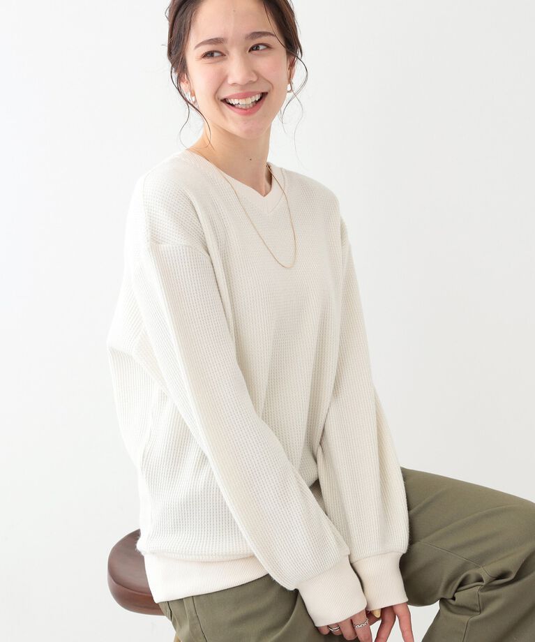 SHOO･LA･RUE「【洗える/S-LL/前後2WAY】きらっと光るラメが目を惹く ワッフルトップス」|Tシャツ・カットソー|オフホワイト(003