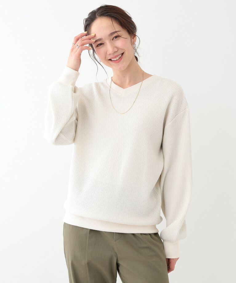 SHOO･LA･RUE「【洗える/S-LL/前後2WAY】きらっと光るラメが目を惹く ワッフルトップス」|Tシャツ・カットソー|