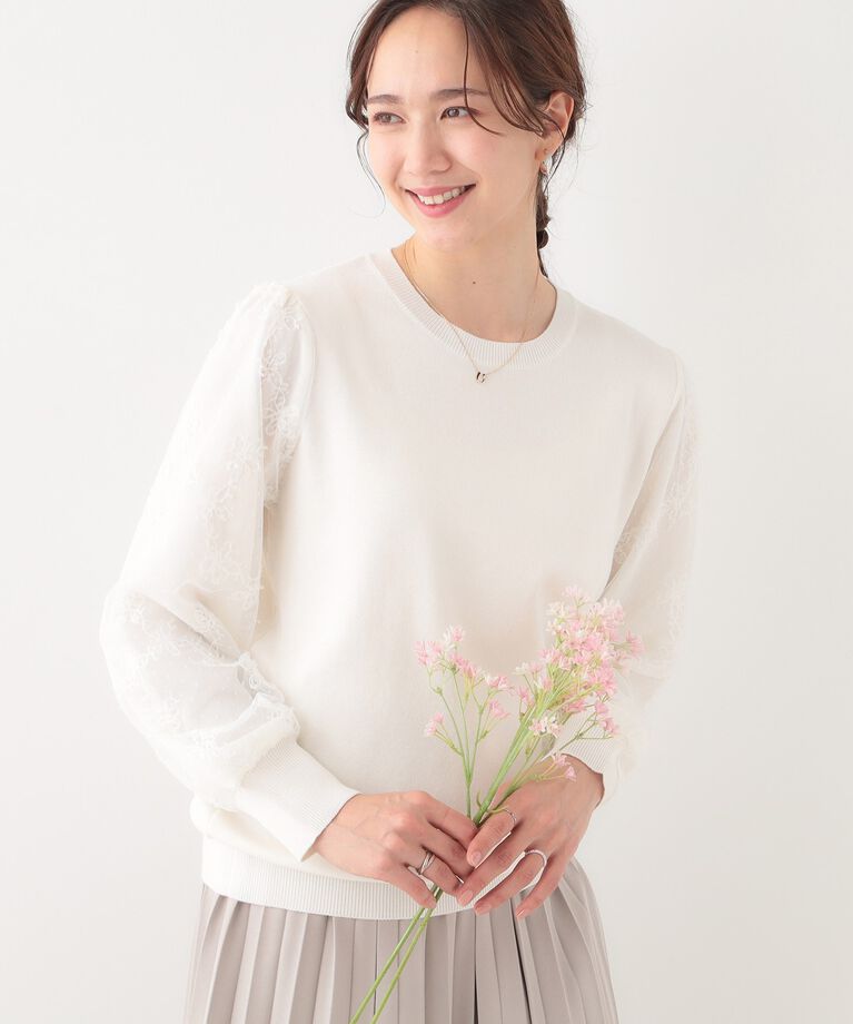 SHOO･LA･RUE「【S-LL】大人可愛い お袖レースドッキングニット」|ニット・セーター|オフホワイト(003
