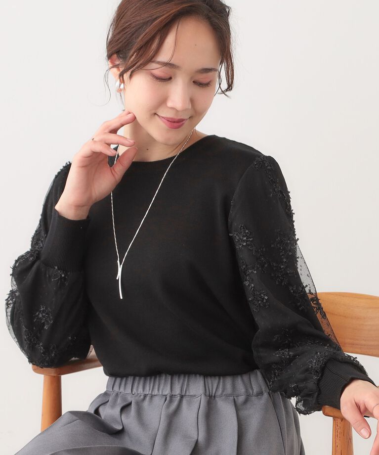SHOO･LA･RUE「【S-LL】大人可愛い お袖レースドッキングニット」|ニット・セーター|ブラック(019)