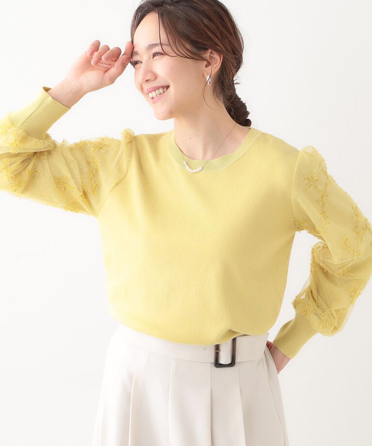SHOO･LA･RUE「【S-LL】大人可愛い お袖レースドッキングニット」|ニット・セーター|イエロー(031)
