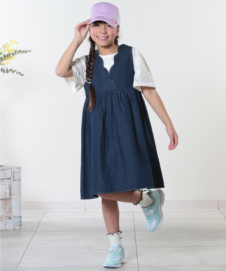 SHOO･LA･RUE「【洗える/100-150cm】スカラップ使いがキュートな デニムジャンドレ」|ワンピース|