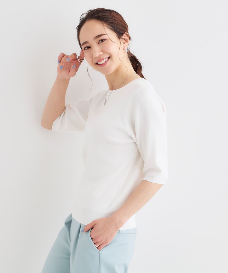 SHOO･LA･RUE「【高レビュー/洗える/S-LL】季節の変わり目から活躍 多機能 5分袖ニット」|ニット・セーター|