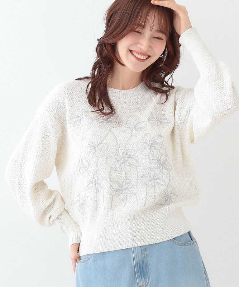 SHOO･LA･RUE「【S-LL】花柄刺繍ブークレニット」|ニット・セーター|オフホワイト(003