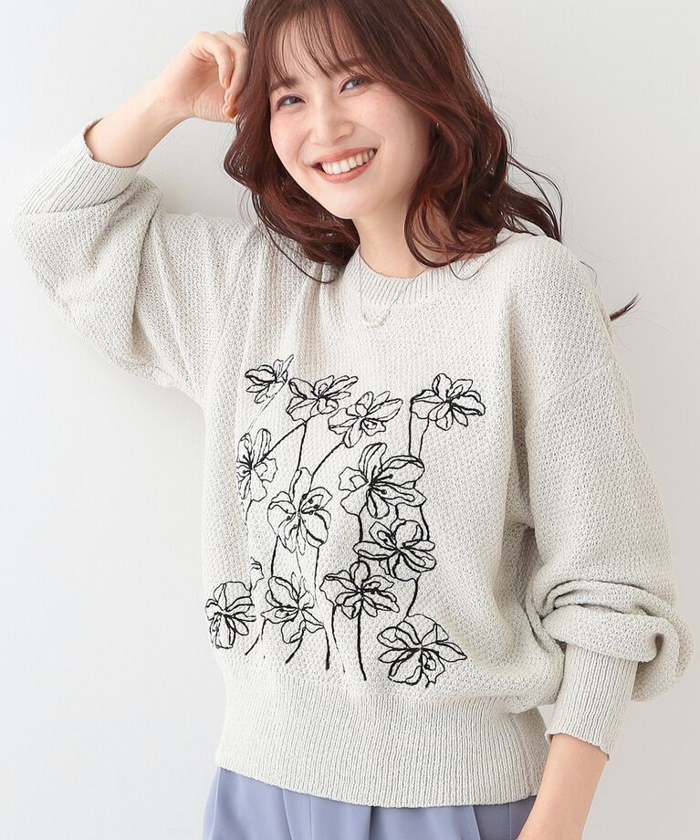 SHOO･LA･RUE「【S-LL】花柄刺繍ブークレニット」|ニット・セーター|ライトグレー(011