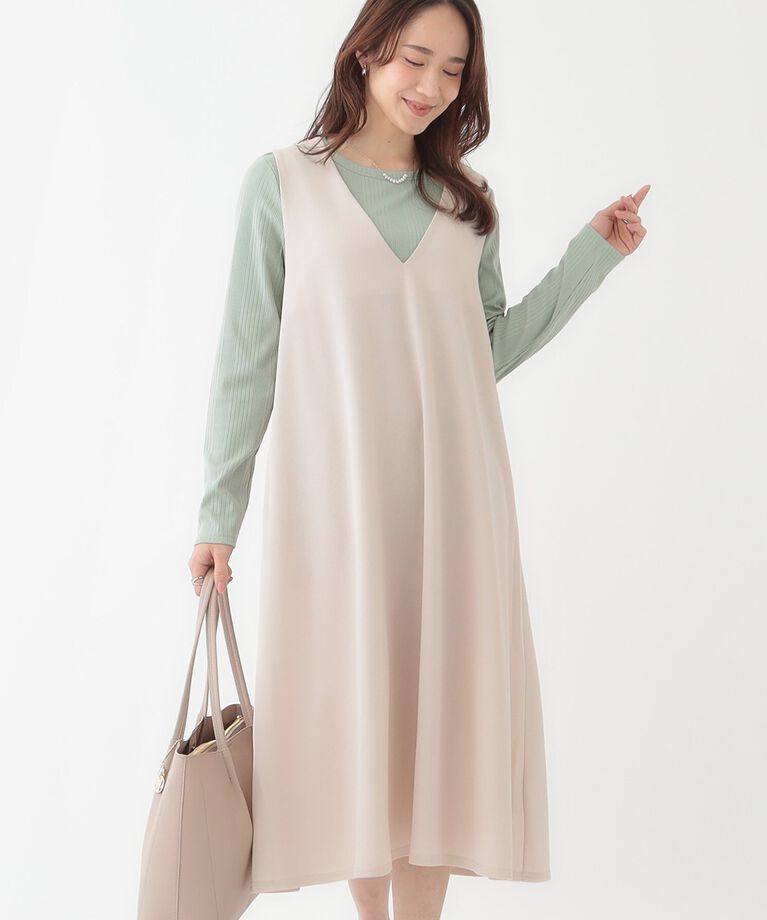 SHOO･LA･RUE「【洗える】フレアラインが美しい サラっと着られる Vネックジャンドレ」|ワンピース|グレージュ(050)