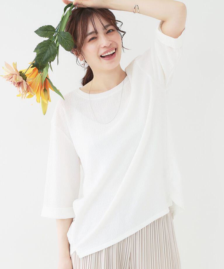 SHOO･LA･RUE「【洗える/S-LL】表面感が魅力 インせず決まる 裾タック5分袖トップス」|Tシャツ・カットソー|ホワイト(001)