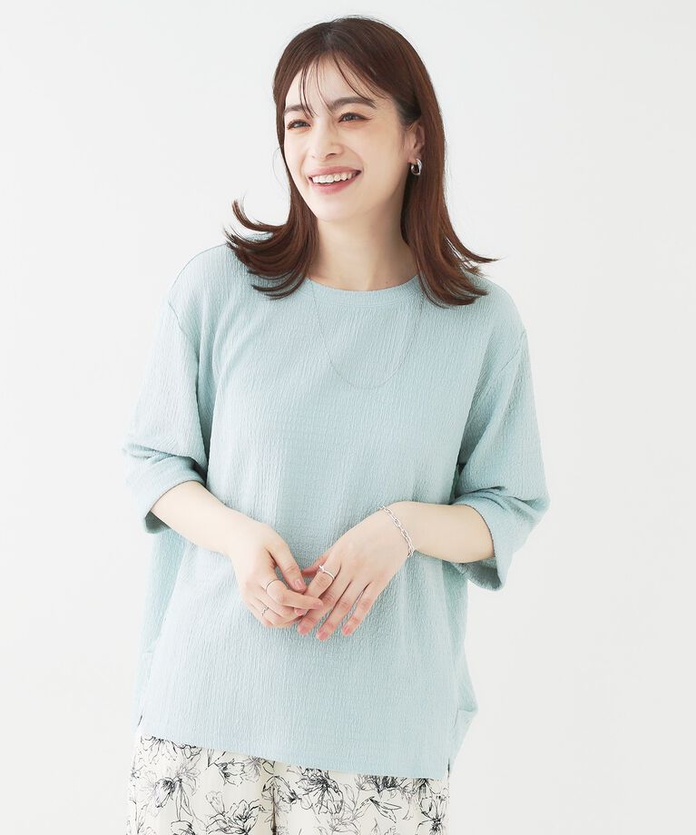 SHOO･LA･RUE「【洗える/S-LL】表面感が魅力 インせず決まる 裾タック5分袖トップス」|Tシャツ・カットソー|