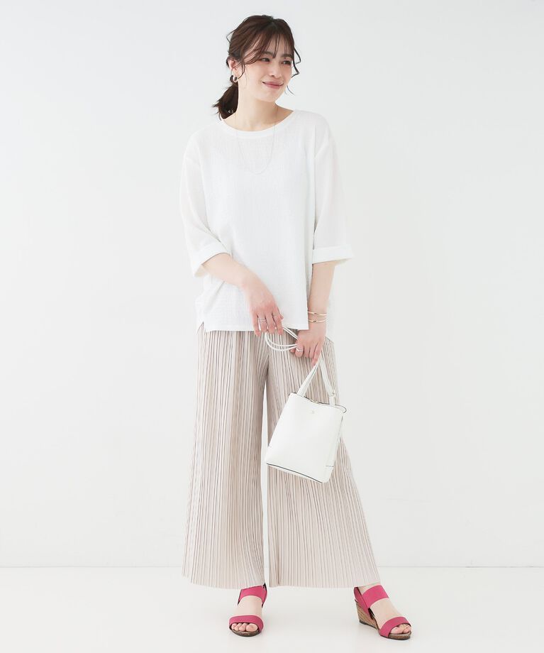 SHOO･LA･RUE「【洗える/S-LL】表面感が魅力 インせず決まる 裾タック5分袖トップス」|Tシャツ・カットソー|