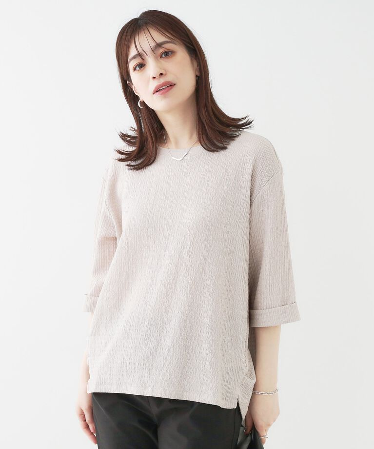 SHOO･LA･RUE「【洗える/S-LL】表面感が魅力 インせず決まる 裾タック5分袖トップス」|Tシャツ・カットソー|