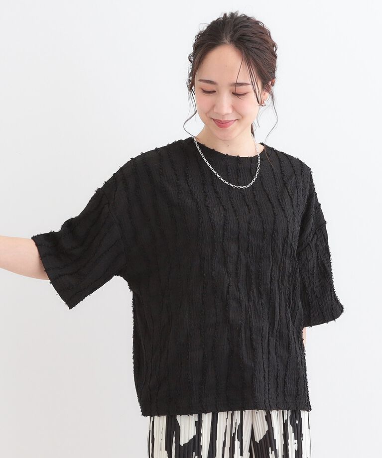 SHOO･LA･RUE「1枚で着映え ジャカードフリンジ5分袖トップス」|Tシャツ・カットソー|
