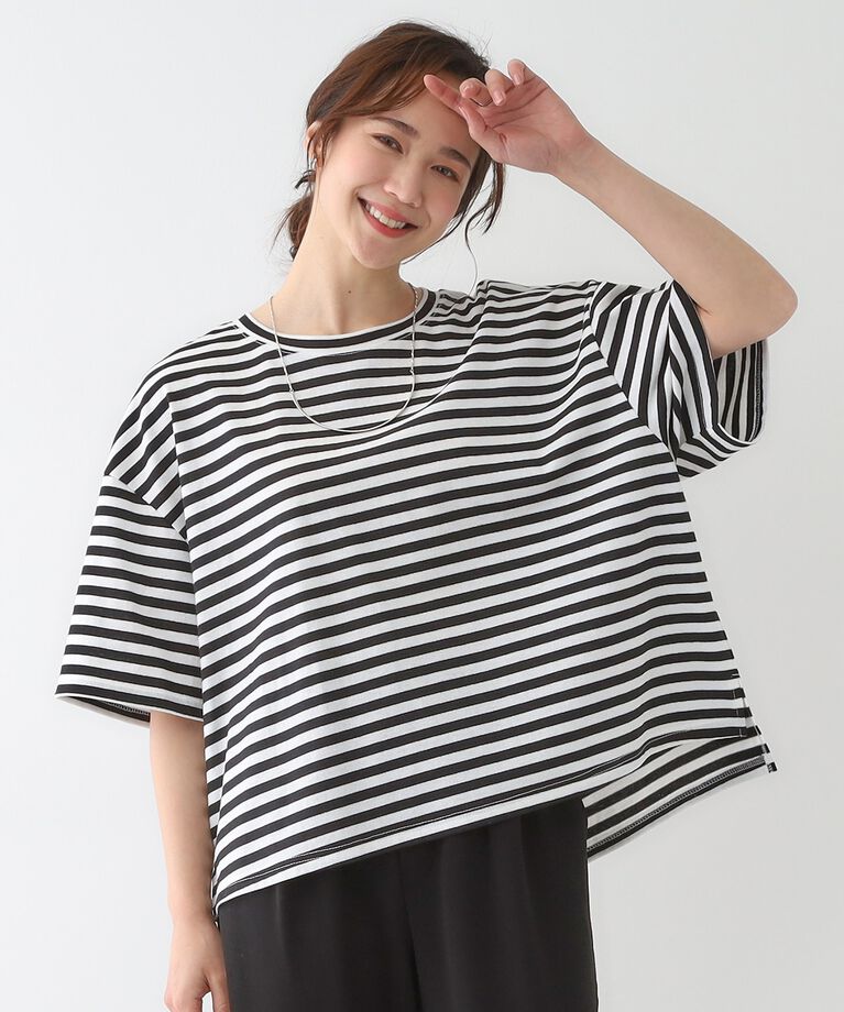SHOO･LA･RUE「【洗える/S-LL】ハーフスリーブボーダーカットソー」|Tシャツ・カットソー|
