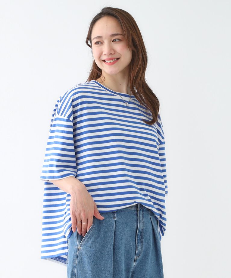 SHOO･LA･RUE「【洗える/S-LL】ハーフスリーブボーダーカットソー」|Tシャツ・カットソー|