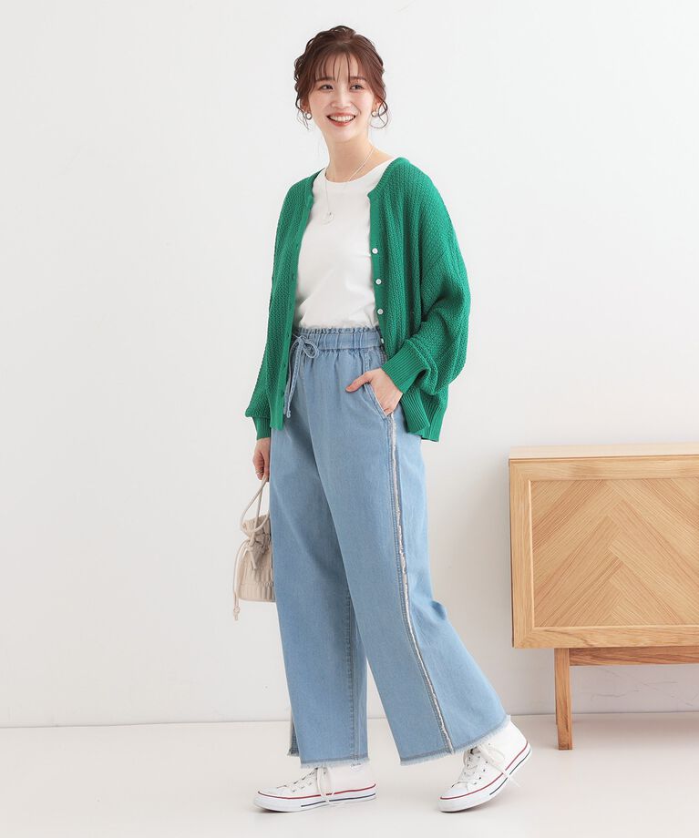 SHOO･LA･RUE「【S-LL】フリンジイージーデニムパンツ」|デニム|