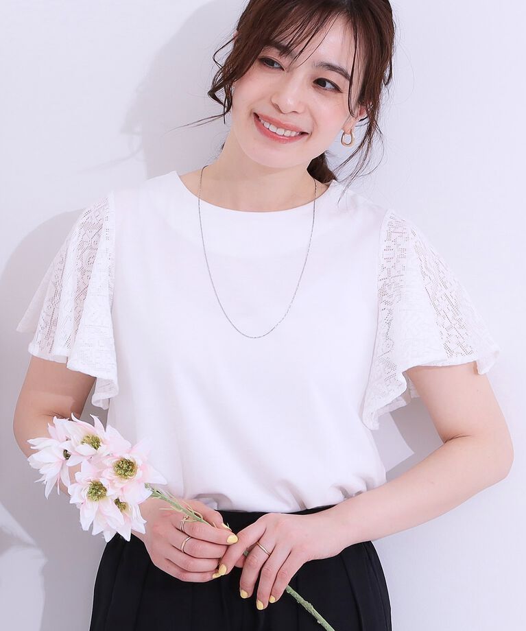 SHOO･LA･RUE「【S-LL】大人の上品コーデに お袖レース切り替えトップス」|Tシャツ・カットソー|オフホワイト(003