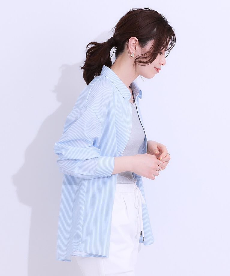 SHOO･LA･RUE「【S-LL/ひんやり/UV/吸水速乾/洗濯後しわになりにくい】ラッシュガードにもなる ストライプ前開」|シャツ・ブラウス|