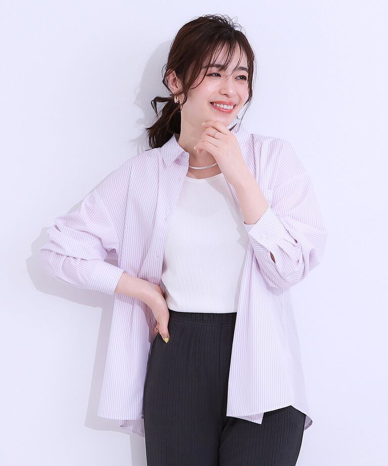 SHOO･LA･RUE「【S-LL/ひんやり/UV/吸水速乾/洗濯後しわになりにくい】ラッシュガードにもなる ストライプ前開」|シャツ・ブラウス|