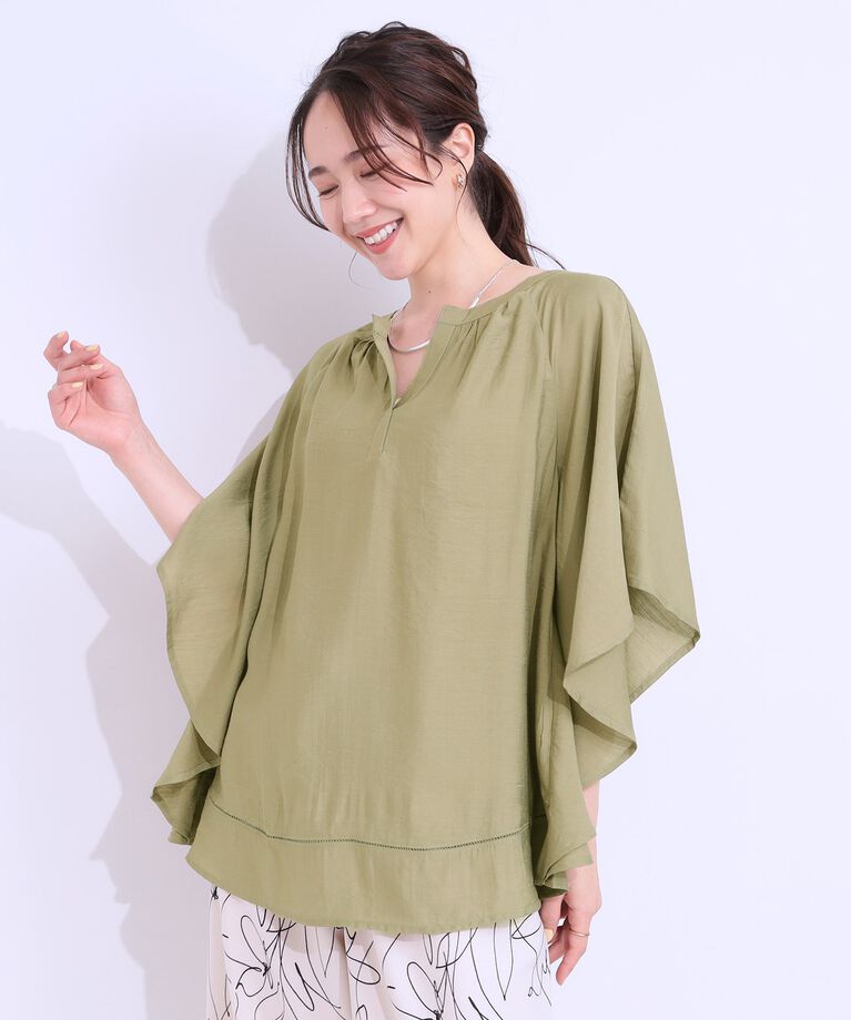 SHOO･LA･RUE「【洗える/S-LL/接触冷感】涼しく体型カバー お袖フレア ドレープブラウス」|シャツ・ブラウス|