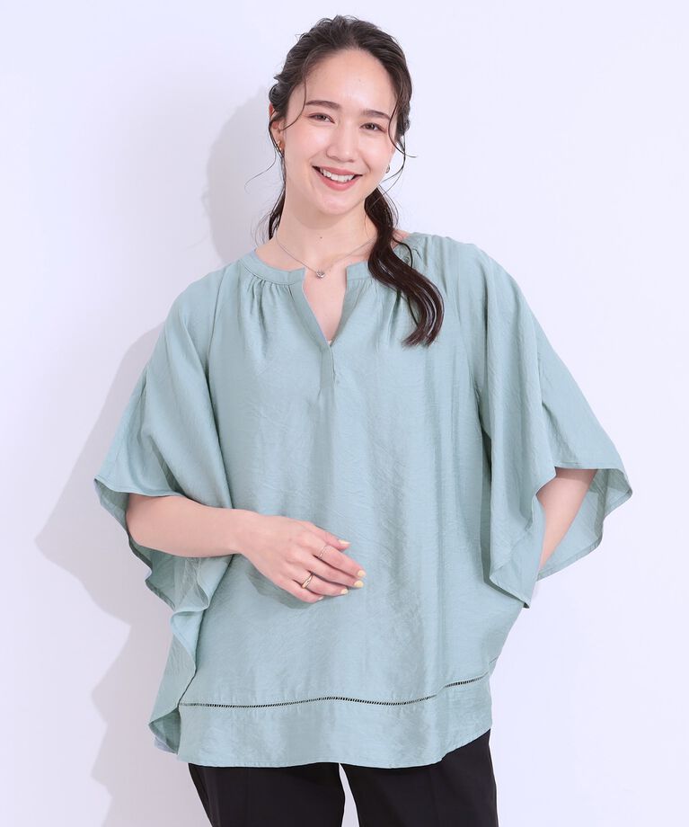 SHOO･LA･RUE「【洗える/S-LL/接触冷感】涼しく体型カバー お袖フレア ドレープブラウス」|シャツ・ブラウス|