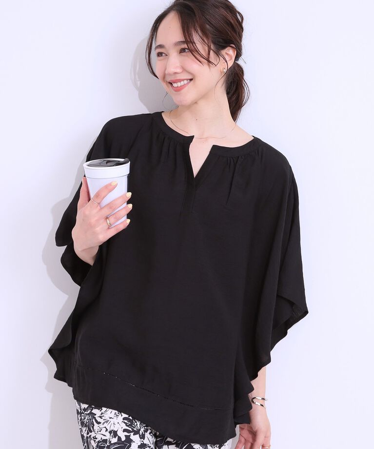SHOO･LA･RUE「【洗える/S-LL/接触冷感】涼しく体型カバー お袖フレア ドレープブラウス」|シャツ・ブラウス|ブラック(019)