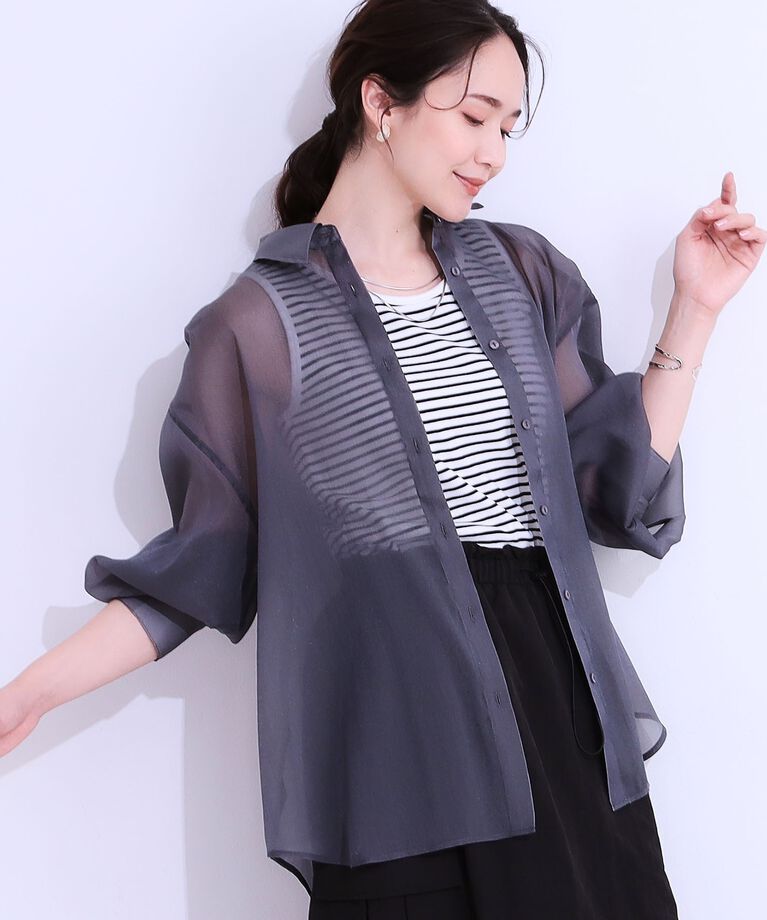 SHOO･LA･RUE「大人の上品なシアー感 オーガンジー シアーシャツ」|シャツ・ブラウス|チャコールグレー(0