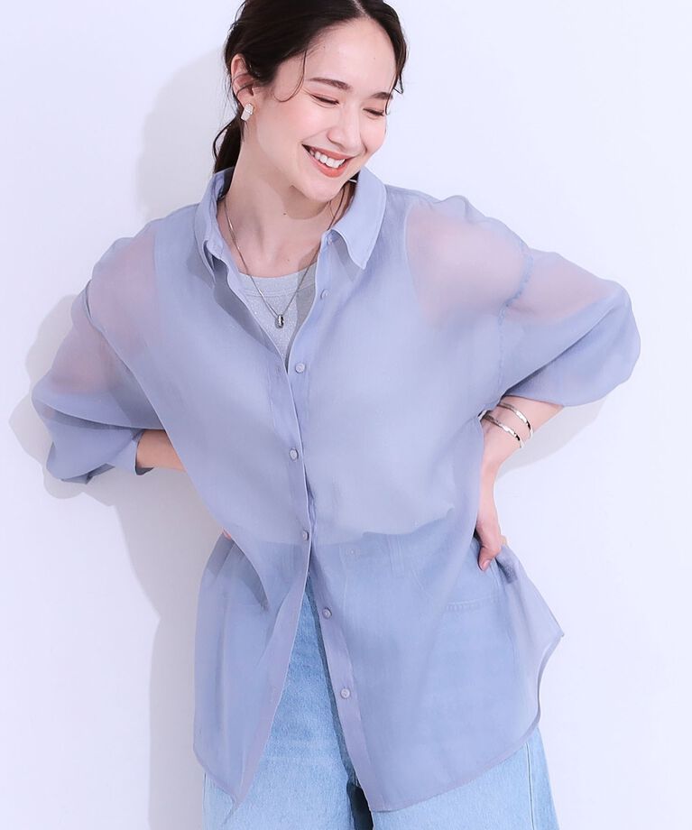 SHOO･LA･RUE「大人の上品なシアー感 オーガンジー シアーシャツ」|シャツ・ブラウス|ブルー(091)