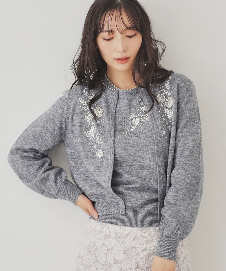 SunaUna「【SS～Lサイズ展開／ビーズ手刺繍】クラフトニットカーディガン」|カーディガン|ｸﾞﾚｰ(012)
