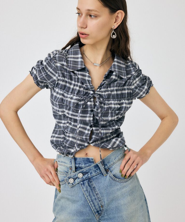 MOUSSY「SHIRRING RIBBON シャツ」|シャツ・ブラウス|BLK