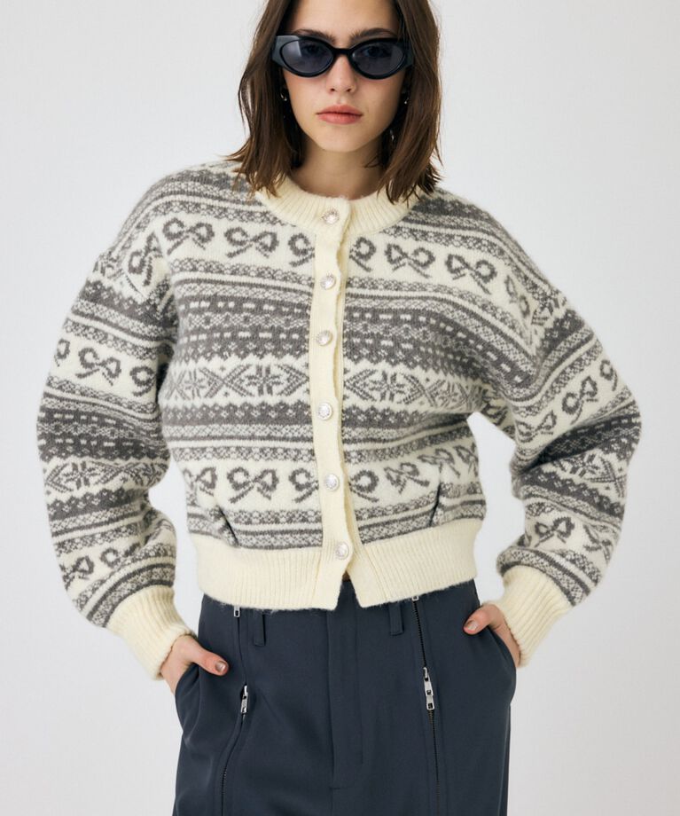 MOUSSY「RIBBON FAIR ISLE ニットカーディガン」|カーディガン|O/WHT1