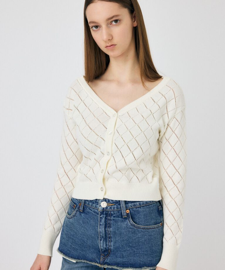 MOUSSY「EYELET ニットカーディガン」|ニット・セーター|O/WHT1