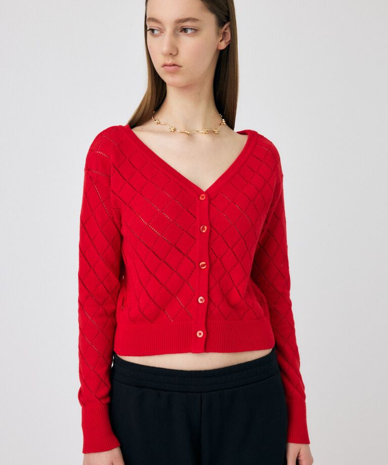 MOUSSY「EYELET ニットカーディガン」|ニット・セーター|RED