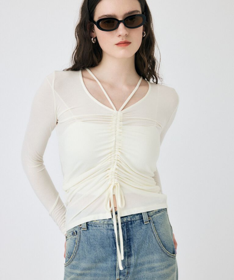 MOUSSY「FRONT GATHER ロングスリーブトップス」|Tシャツ・カットソー|O/WHT1