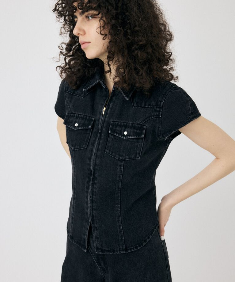MOUSSY「CAP SLEEVE デニムシャツ」|シャツ・ブラウス|BLK