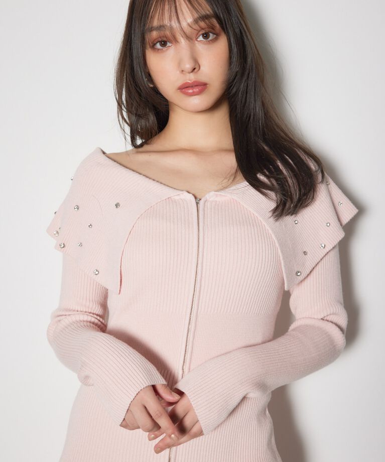 rienda「2WAYオフショルダービッグカラーニットワンピース」|ワンピース|
