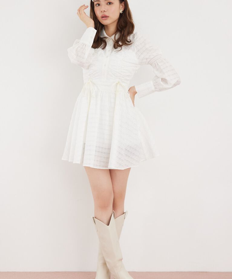 rienda「フロントシャーリングリボンミニシャツフレアワンピース」|ワンピース|WHT