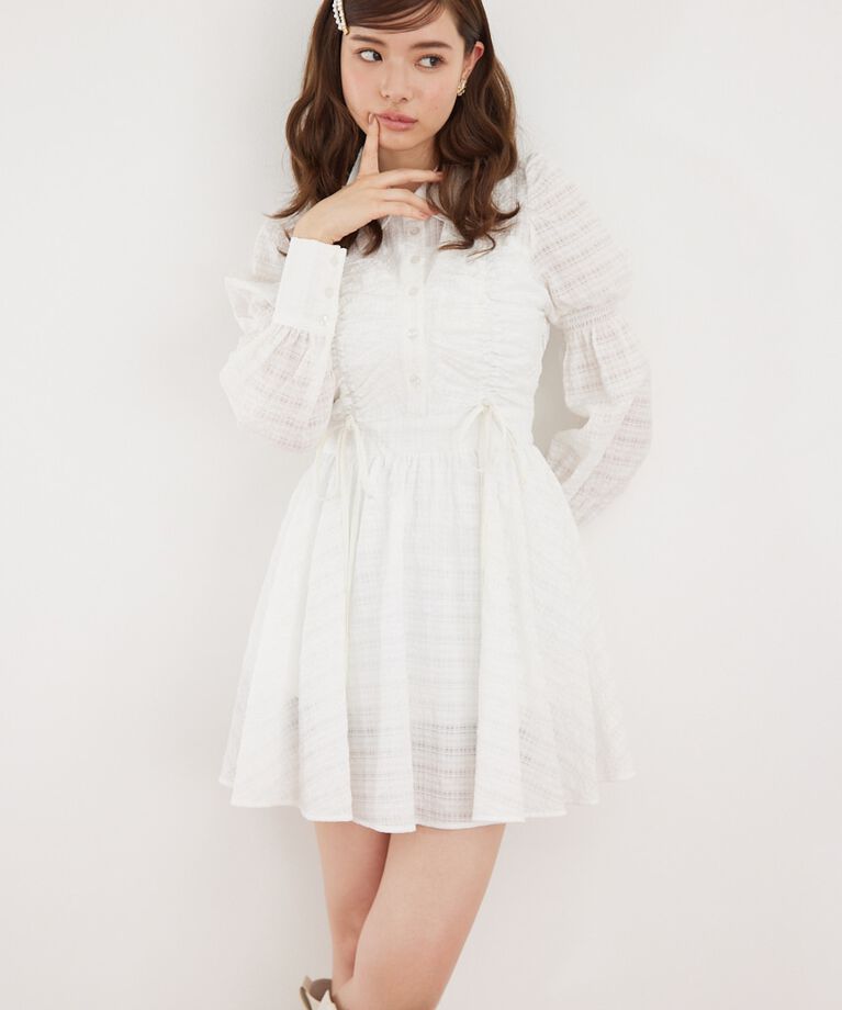 rienda「フロントシャーリングリボンミニシャツフレアワンピース」|ワンピース|