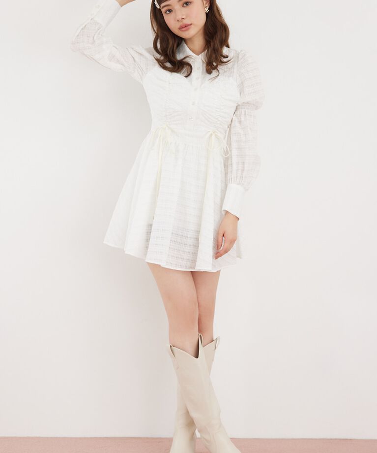 rienda「フロントシャーリングリボンミニシャツフレアワンピース」|ワンピース|