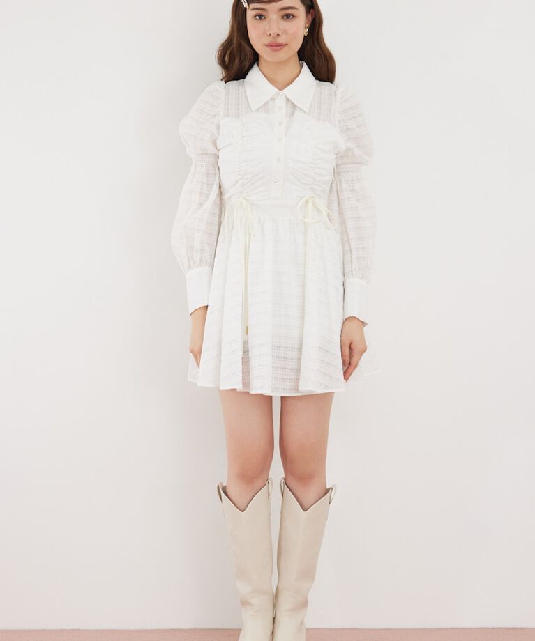 rienda「フロントシャーリングリボンミニシャツフレアワンピース」|ワンピース|