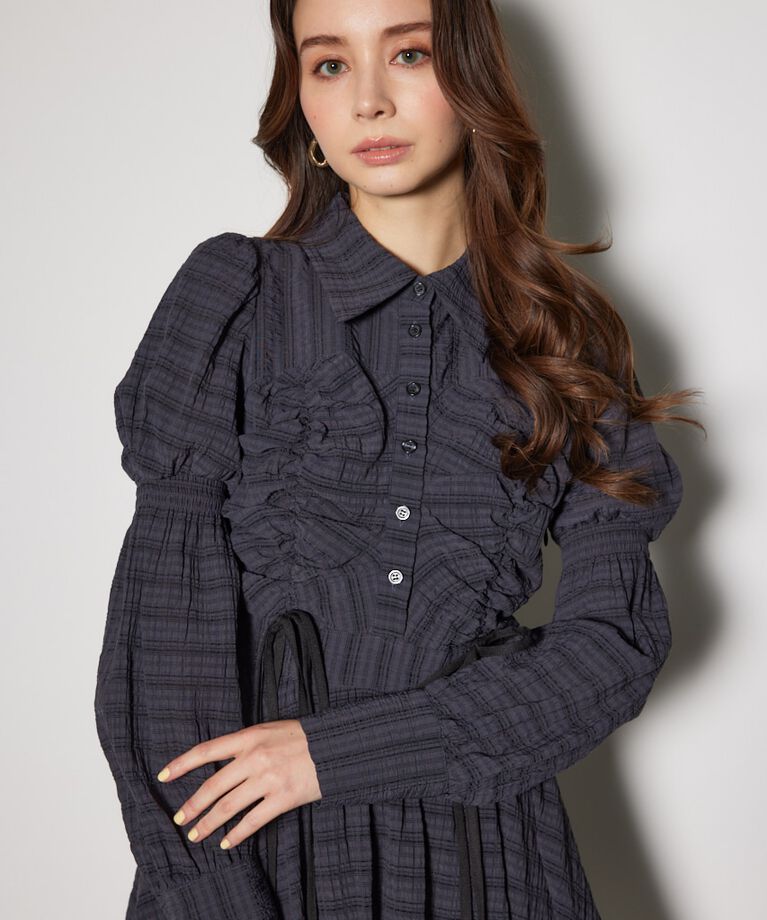rienda「フロントシャーリングリボンミニシャツフレアワンピース」|ワンピース|