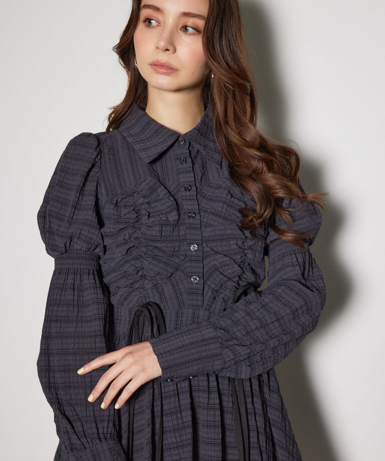 rienda「フロントシャーリングリボンミニシャツフレアワンピース」|ワンピース|