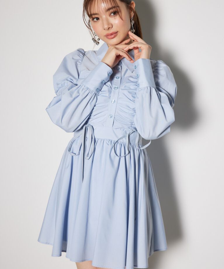 rienda「フロントシャーリングリボンミニシャツフレアワンピース」|ワンピース|BLU
