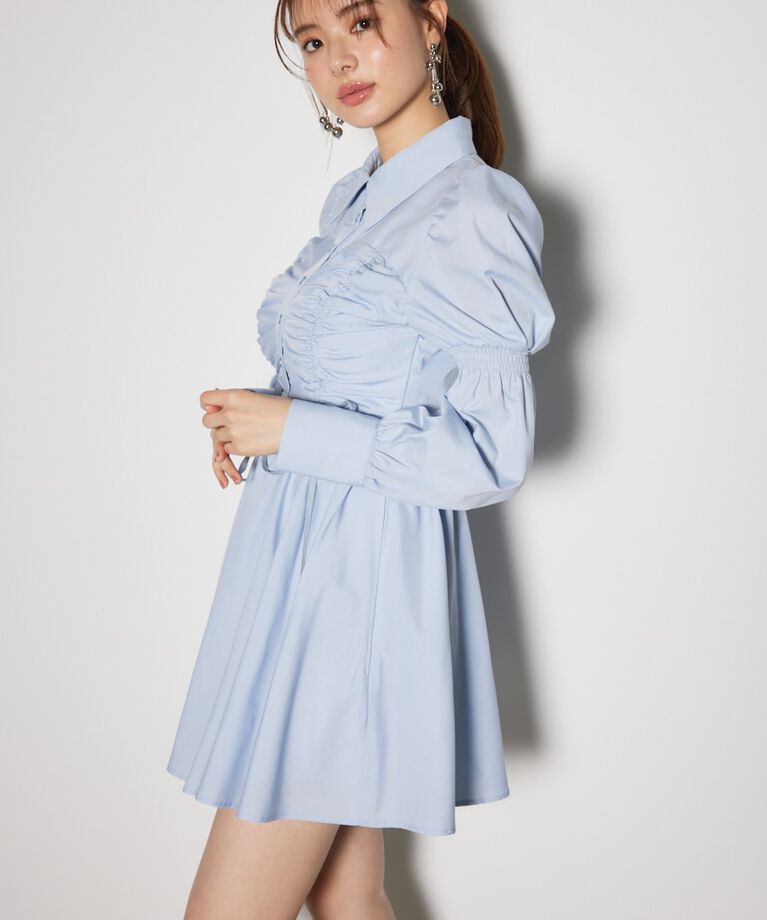 rienda「フロントシャーリングリボンミニシャツフレアワンピース」|ワンピース|