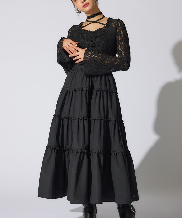 rienda「レーストップコンビフレアワンピース」|ワンピース|BLK