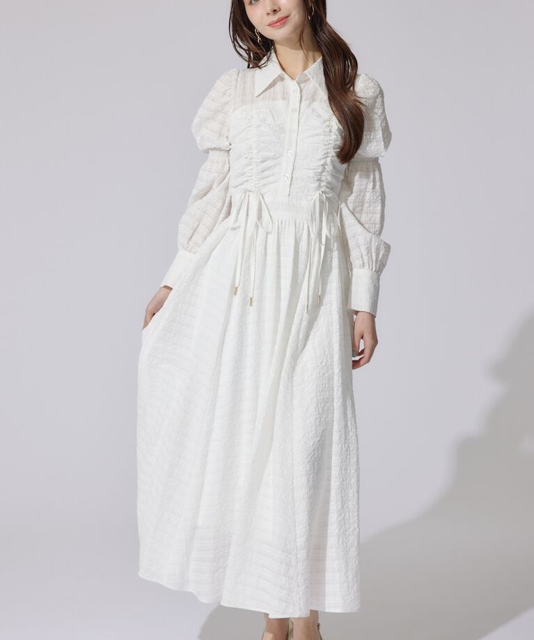 rienda「フロントシャーリングリボンシャツフレアワンピース」|ワンピース|