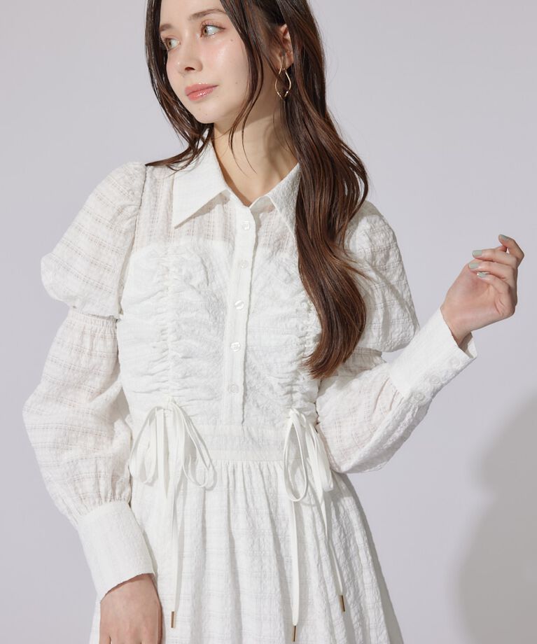rienda「フロントシャーリングリボンシャツフレアワンピース」|ワンピース|